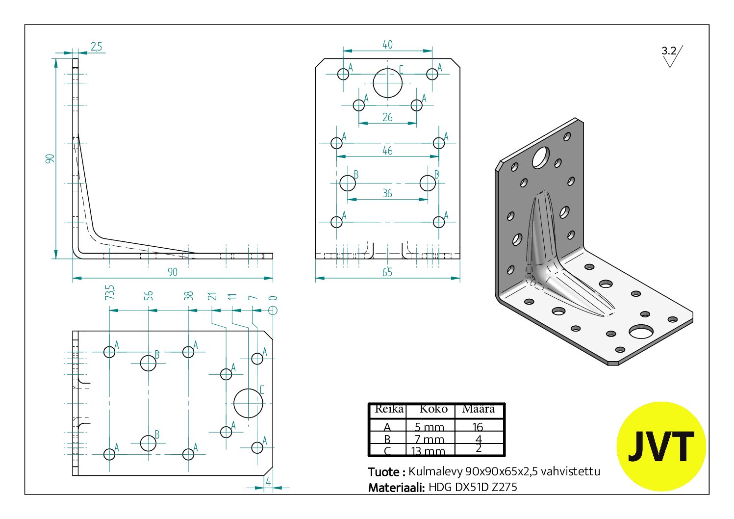 Kulmalevy JVT Fasteners vahvistettu 90x90x65x2,5 mm - Image 3